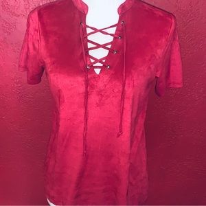 Women’s red suede type material short sleeve top laces at top size XS ZSupply